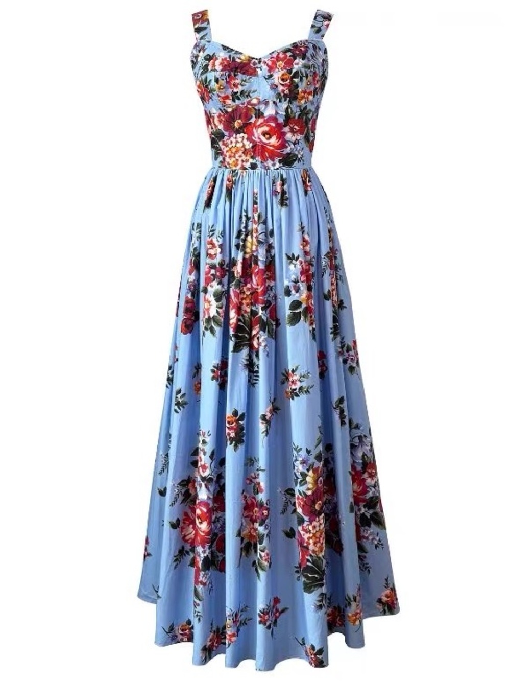 Luxury 100% Cotton Blue Floral Maxi Dress with Red Rose Print